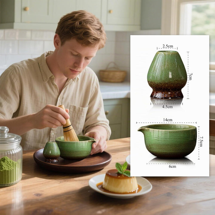 Matcha Set 2-teilig, Matcha Tee Set Blau mit Chawan Matcha-Schale (510 ml) &amp; Keramik-Besenhalter, Mi
