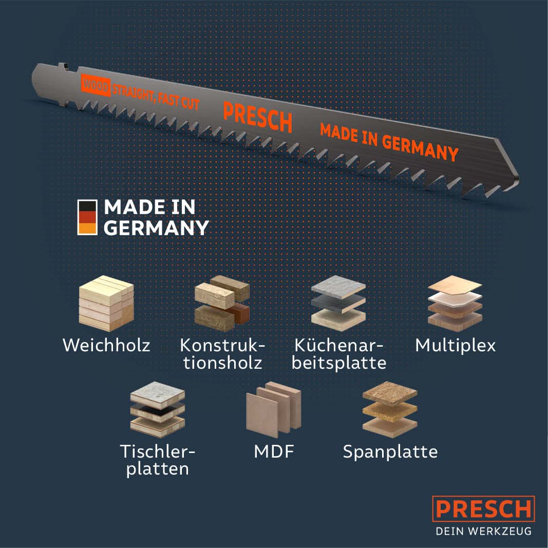 Presch Stichsägeblätter Holz 10 Stk. (Lang) - Extrem schneller, gerader Schnitt (5-100mm) - Profi St