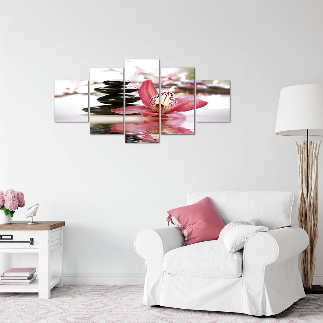 Runa Art Wandbilder Blumen Orchidee 5 Teilig Bild auf Vlies Leinwand Deko Wohnzimmer Steine Rosa Gra