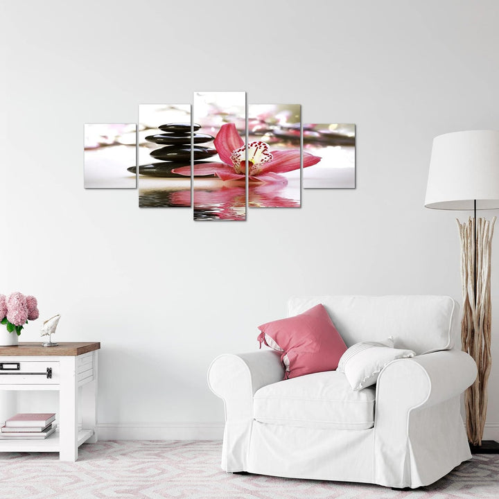 Runa Art Wandbilder Blumen Orchidee 5 Teilig Bild auf Vlies Leinwand Deko Wohnzimmer Steine Rosa Gra