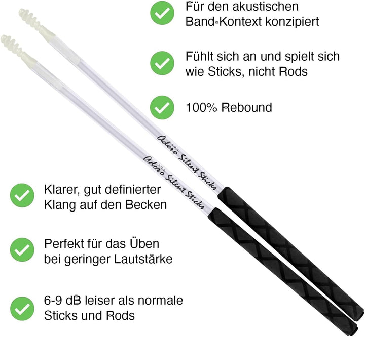 Adoro Silent Sticks & Bassdrum Beater Set - leise Drumssticks & Bass Drum Beater für Akustik Schlagz