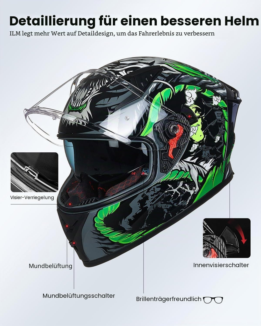 ILM Motorradhelm Integralhelm Herren Damen-Motorcycle Helmet mit 2 Visieren Pinlock-kompatiblen klar