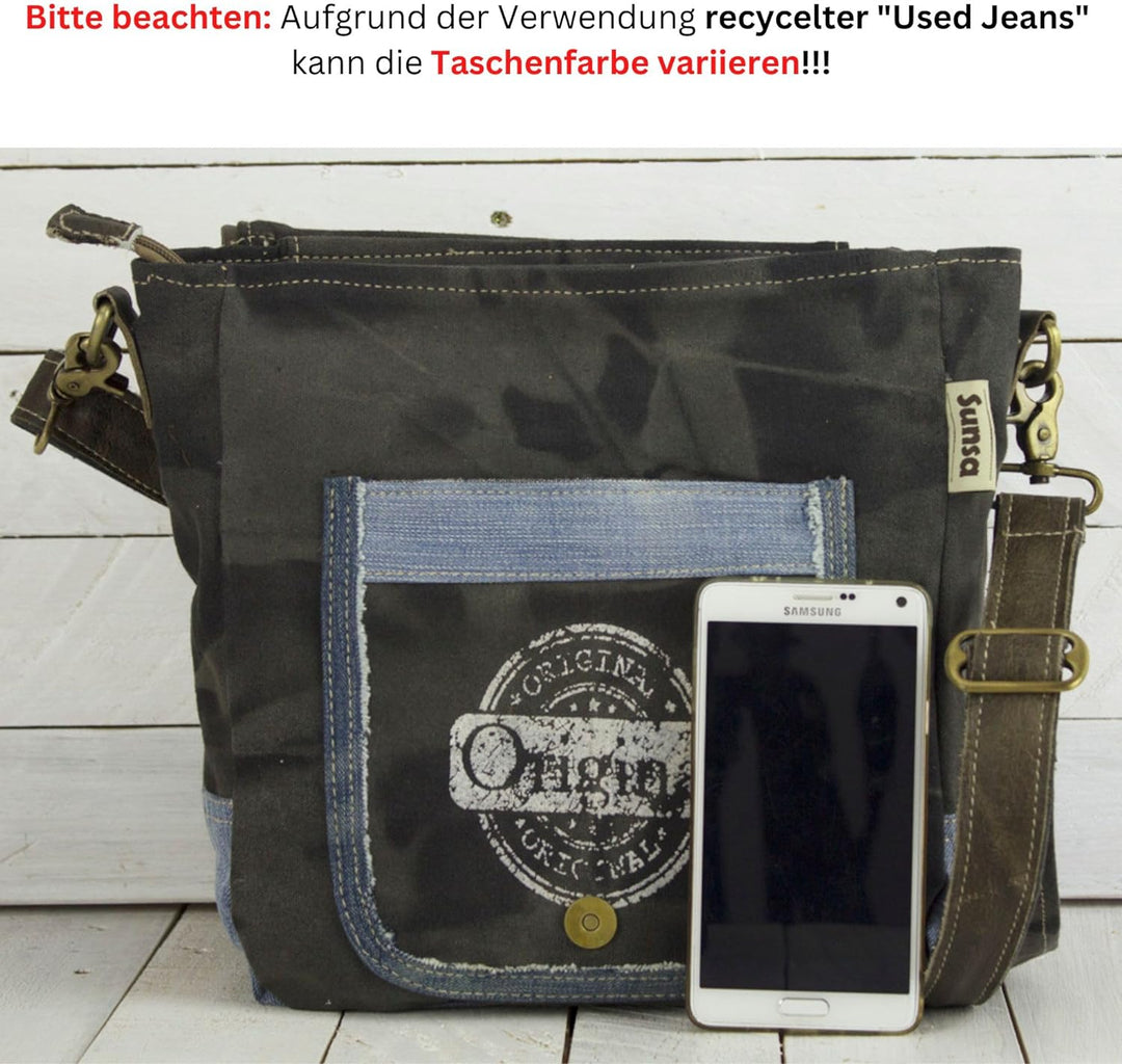 Sunsa nachhaltige Messenger Tasche. Umhängetasche aus recycelte Jeans & Canvas. Unisex Crossover Bag