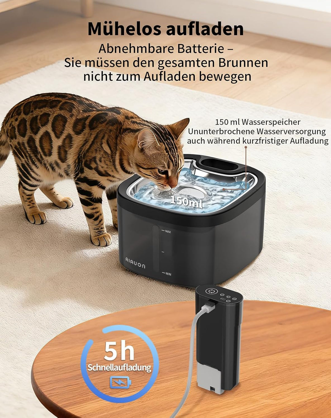 Katzenbrunnen kabellos 118oz/3,5L Drahtlos & Ultra-leise mit Sensor- und Zeitmodus,Edelstahlpalette,