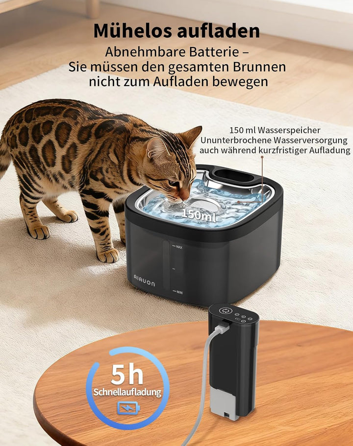 Katzenbrunnen kabellos 118oz/3,5L Drahtlos & Ultra-leise mit Sensor- und Zeitmodus,Edelstahlpalette,