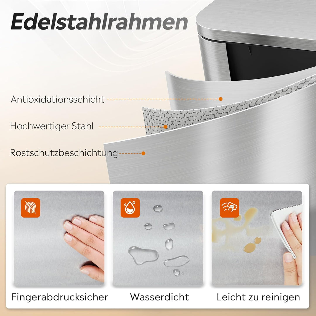 WLIVE Mülleimer 30L quadratisch aus Edelstahl, kleiner Treteimer, Abfallsammler, geruchsdichter Abfa