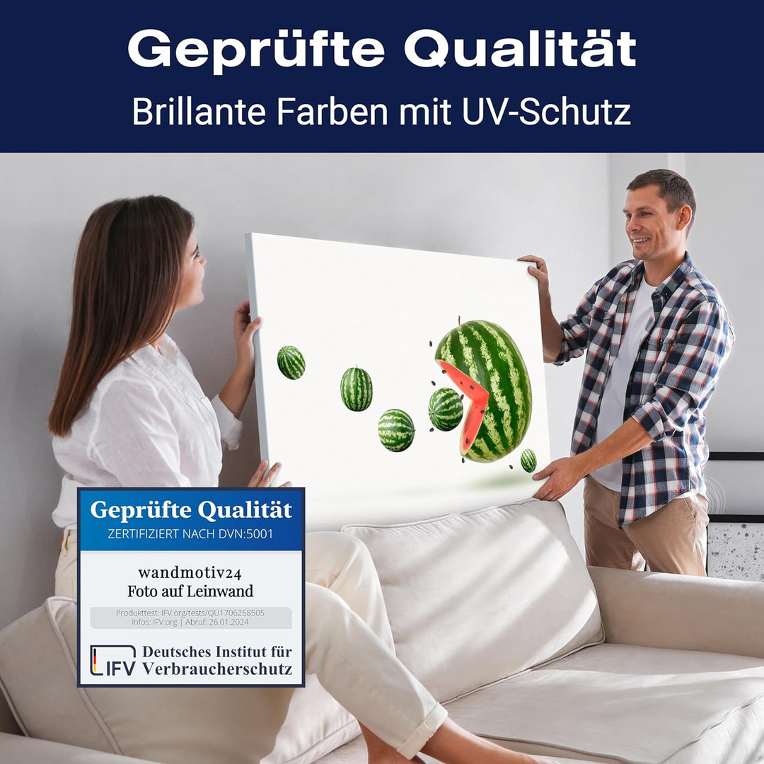 wandmotiv24 Obst & Gemüse als Leinwandbild, 100x75cm, Querformat, Wassermelone, Pacman, Küche, Leben