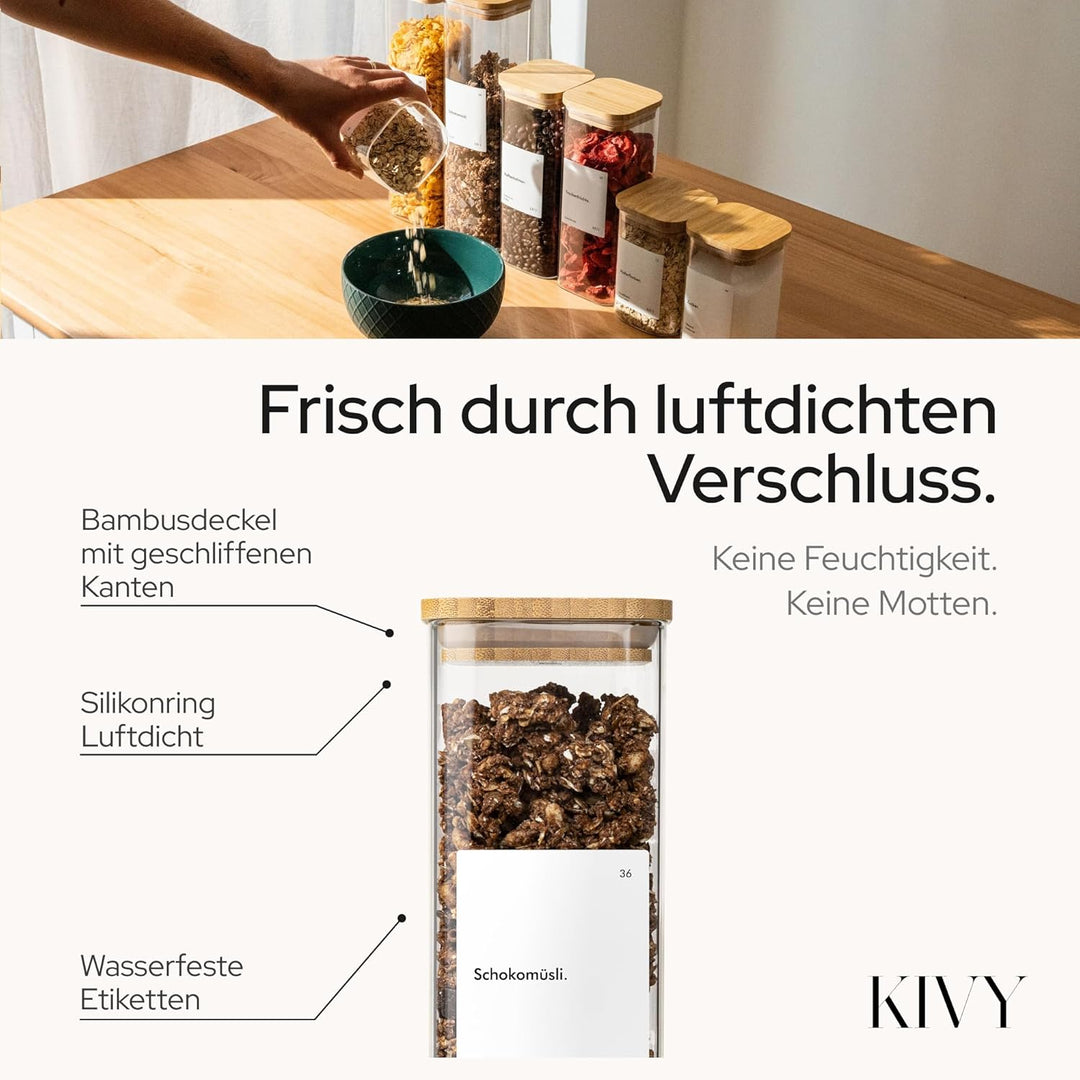 KIVY Vorratsgläser eckig [12er Set] + Etiketten - Stapelbare & Luftdichte Vorratsgläser mit Deckel -