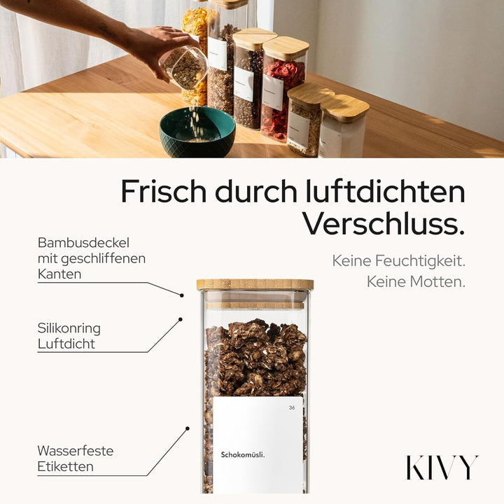 KIVY Vorratsgläser eckig [12er Set] + Etiketten - Stapelbare & Luftdichte Vorratsgläser mit Deckel -