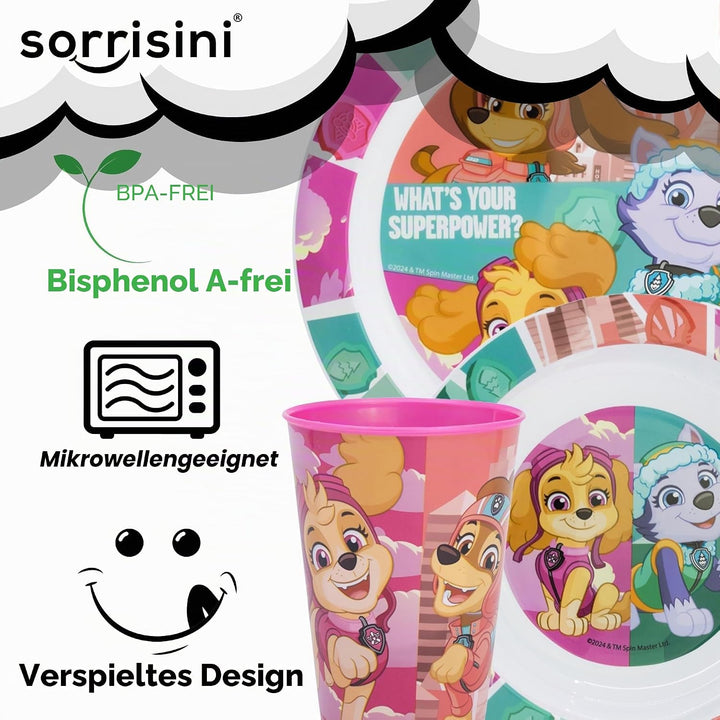 Sorrisini Kindergeschirr set Paw Patrol, Wiederverwendbares Babygeschirr Set, Kinder Essgeschirr, Mi