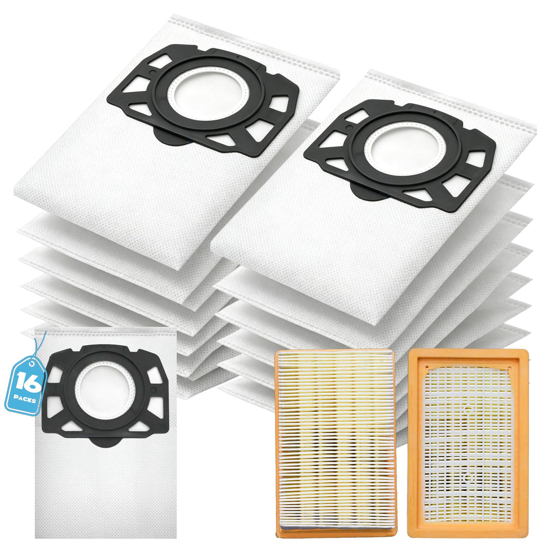 16 Staubsaugerbeutel + 2 Filter kompatibel mit Kärcher WD4 WD5 WD6 WD5P WD6P MV4 MV5 MV6, KFI 487 Be