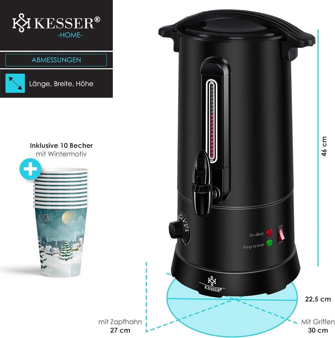 KESSER® Glühweinkessel 10L Edelstahl Inkl. 10x Becher Glühweinkocher mit Thermostat Glühweinautomat