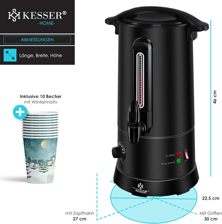KESSER® Glühweinkessel 10L Edelstahl Inkl. 10x Becher Glühweinkocher mit Thermostat Glühweinautomat