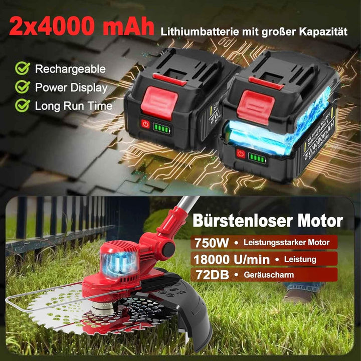 Rasentrimmer mit Akku und Unkrautbürste, 9" Bürstenlose Freischneider,mit 2 Akku 4.0Ah, 21v unkrautb