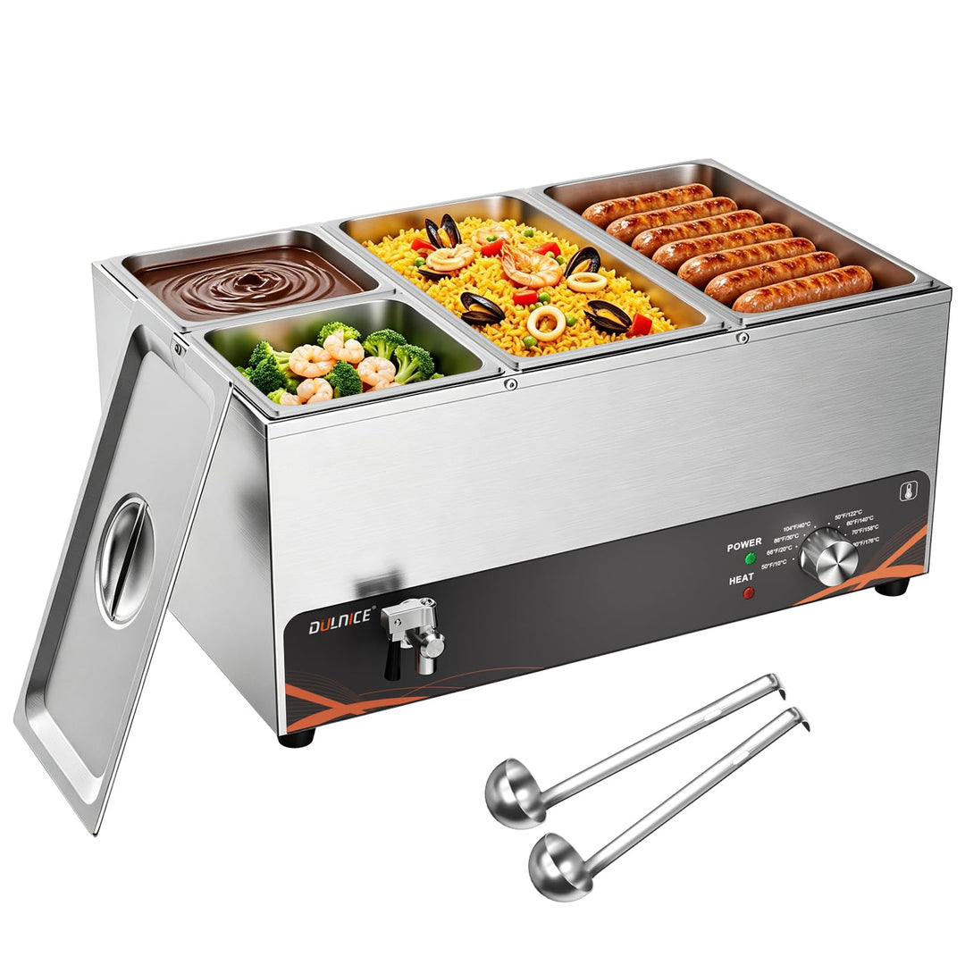 DULNICE Bain Marie Speisewärmer Elektrische Edelstahl 1500W 4 GN-Behältern Wasserbad mit Ablaufhahn,