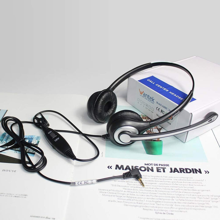 Wantek Telefon Headset Binaural mit Noise Cancelling Mikrofon, Call Center Kopfhörer für Gigaset Pan