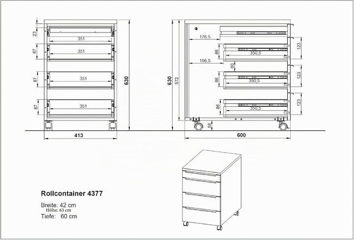 Germania Rollcontainer 4377-69, in Lichtgrau, mit Utensilienfach, 42 x 63 x 60 cm (BxHxT), Lichtgrau
