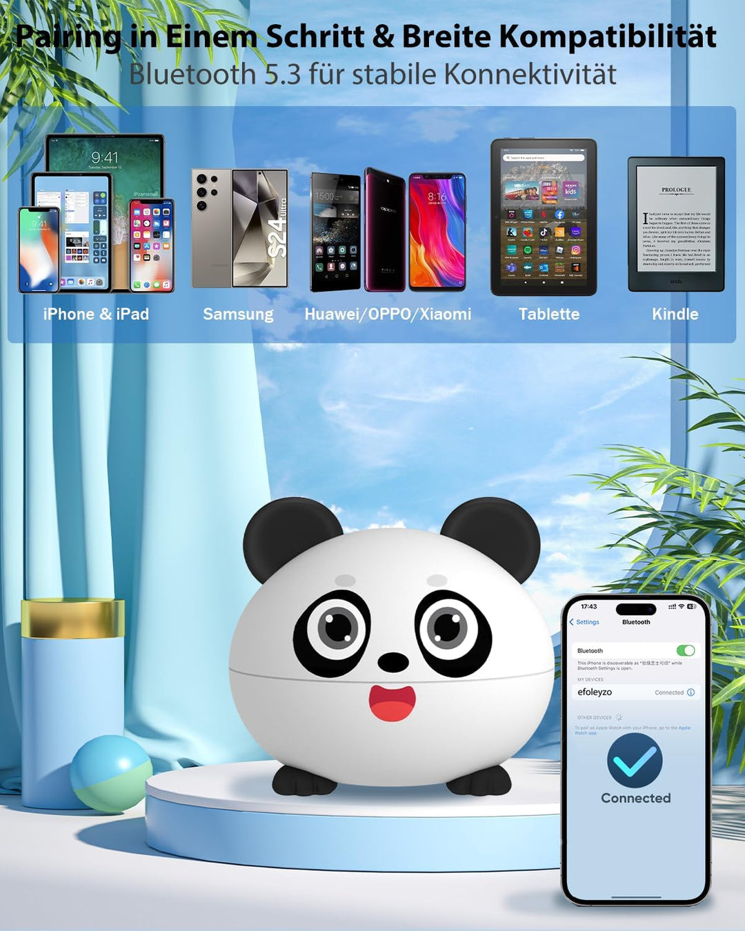 Bluetooth Kopfhörer Kinder, In Ear Kinder Kopfhörer mit 85 dB Lautstärkebegrenzung, Niedliche Panda