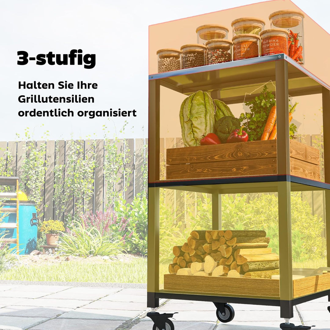 Outsunny Grillwagen 3-Etagen Grilltisch mit Edelstahl Arbeitsfläche Rollen mobiler Servierwagen Outd