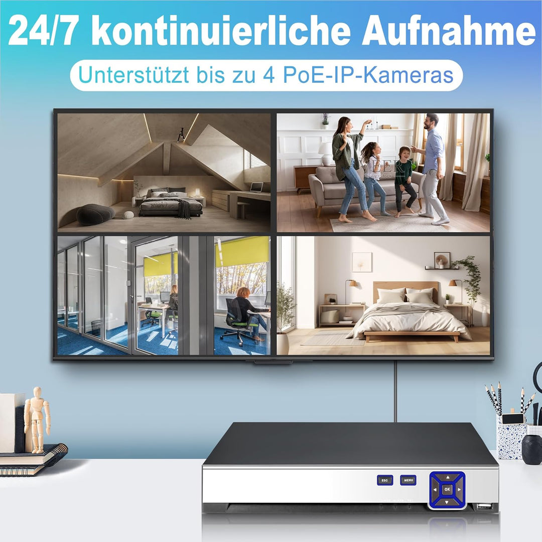 4K Überwachungskamera Aussen Set, 4CH POE mit 1TB HDD, Netzwerk Videorecorder für CCTV Kamerasystem