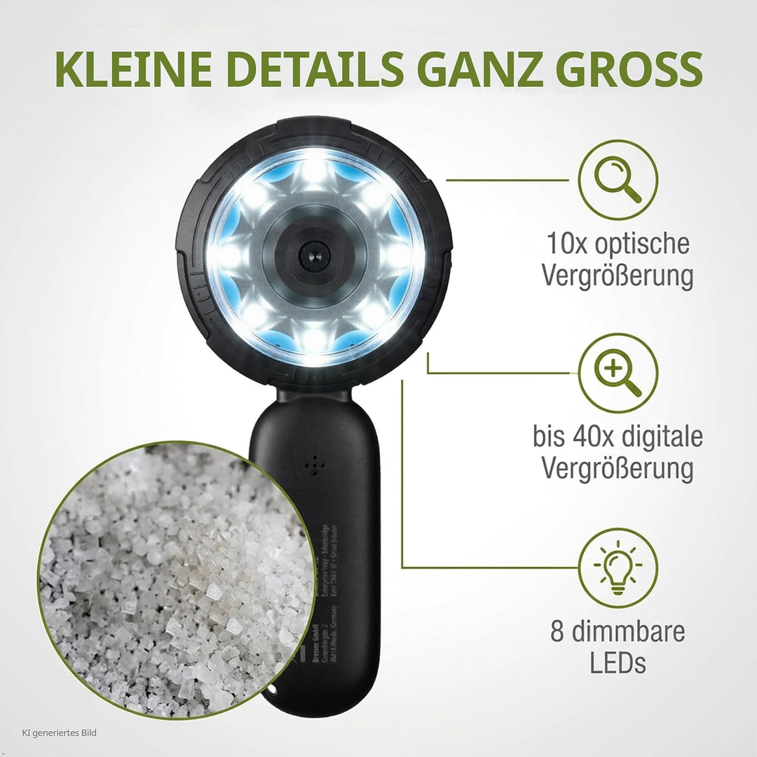 Bresser Digitales Handmikroskop für Kinder & Eltern 10× optisch/bis 40× digital, 8 dimmbare LEDs, Fo