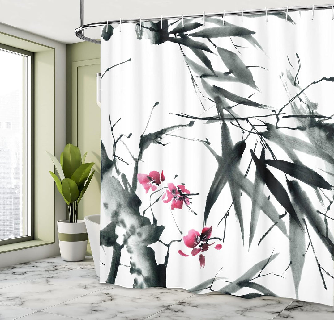 ABAKUHAUS Bambus Duschvorhang, Natural Spring Buds, Stoffliches Gewebe Badezimmerdekorationsset mit