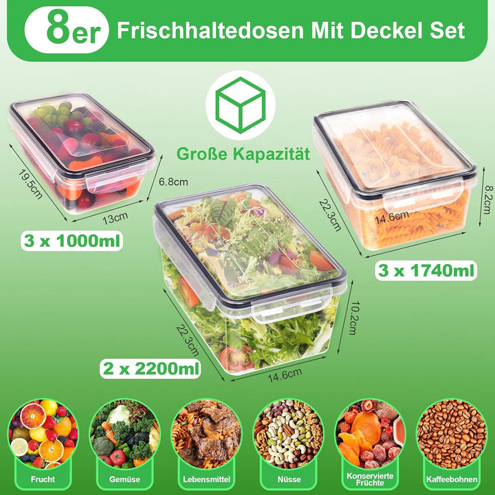 Kottwca Frischhaltedosen mit Deckel Set, 2,2 L 1,74 L 1 L Grosse Kapazität Tupperdosen Set (8 Behält