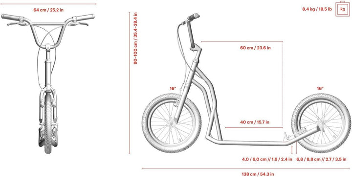 Yedoo S1616 Tretroller - bis 150 kg, mit Luftreifen 16/16 - Kickscooter für Erwachsene mit verstellb