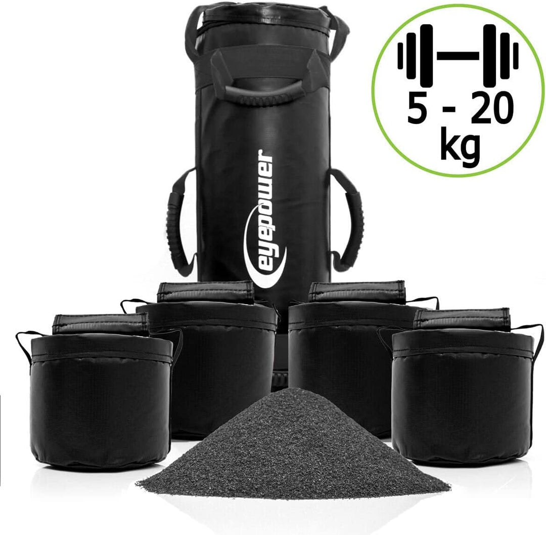 eyepower 20kg Profi Power Bag + 4 Wasserdichte Kettlebell Gewichte mit Eisensand - Besser als Geräte