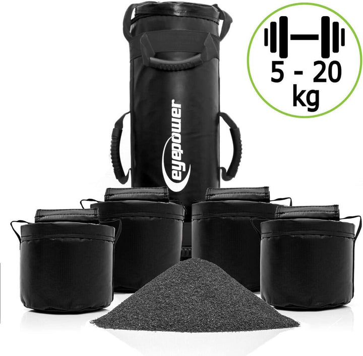 eyepower 20kg Profi Power Bag + 4 Wasserdichte Kettlebell Gewichte mit Eisensand - Besser als Geräte
