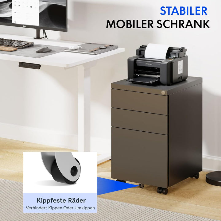 FlexiSpot Rollcontainer mit 3 Schubladen, mobiler Aktenschrank mit Rollen, Schubladenschrank Bürosch