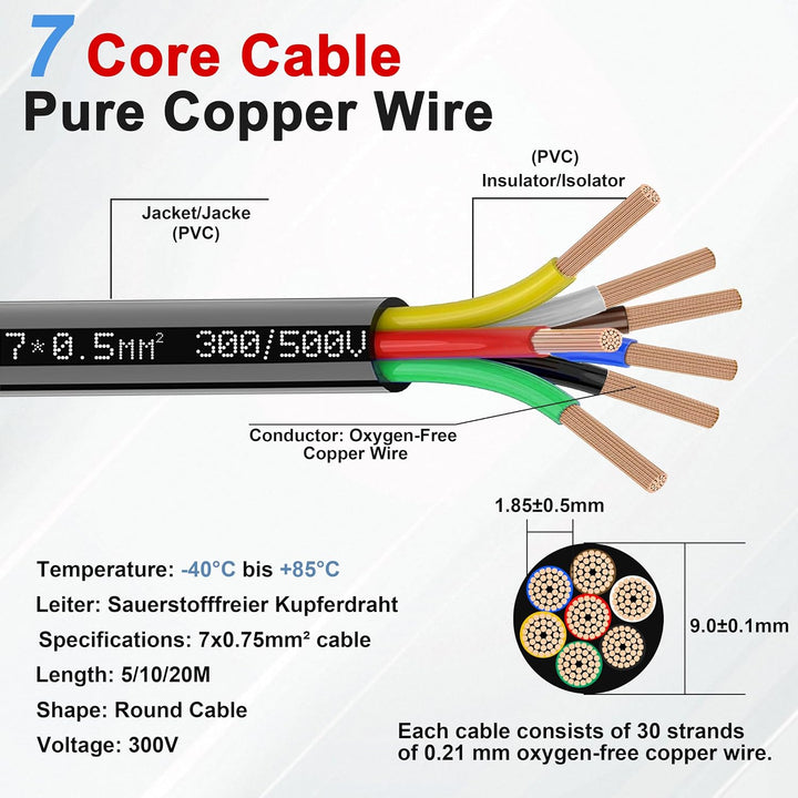 7-adriges Kabel 20M 12V 24V für Anhänger 20m Abschleppseil, 7 * 0.5mm² 20Meter flexibles Verlängerun