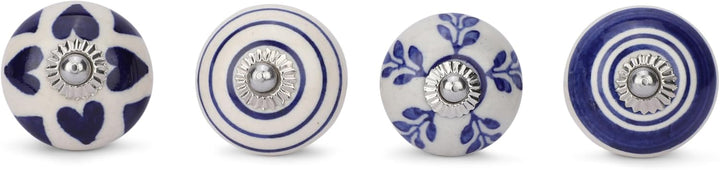 Ajuny Set of 10 Blue and White Ceramic Knobs Hand Painted Floral Design for Kitchen Cabinets Bathroo