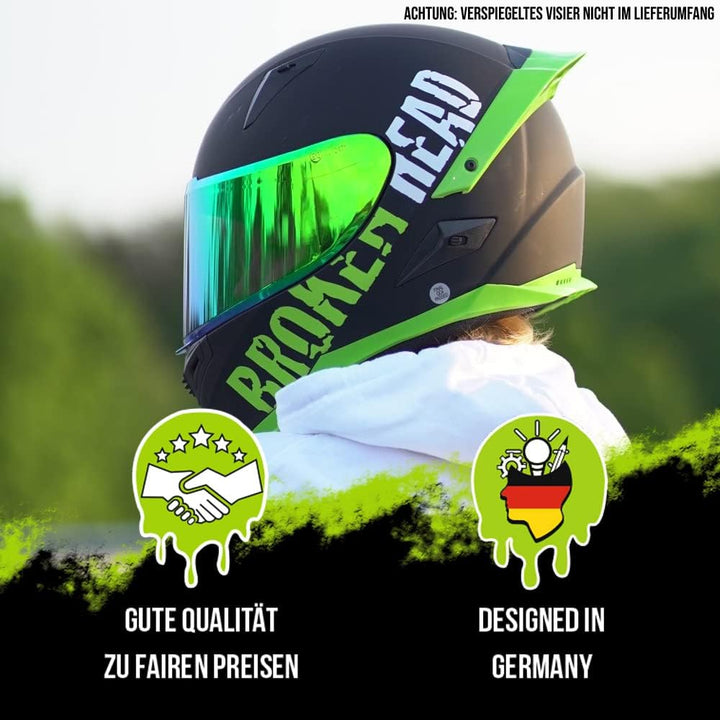 Broken Head BeProud Pro Motorradhelm Grün Mit Spoiler - Integral-Helm Mit Klarem + Schwarzem Visier