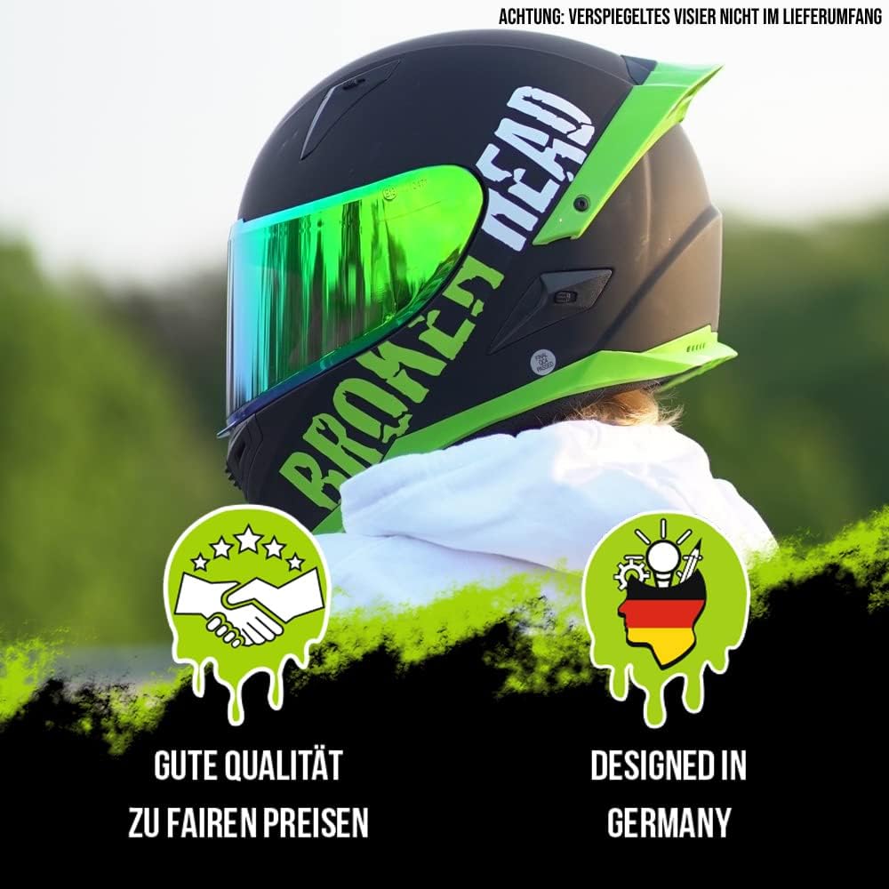 Broken Head BeProud Pro Motorradhelm Grün Mit Spoiler - Integral-Helm Mit Klarem + Schwarzem Visier