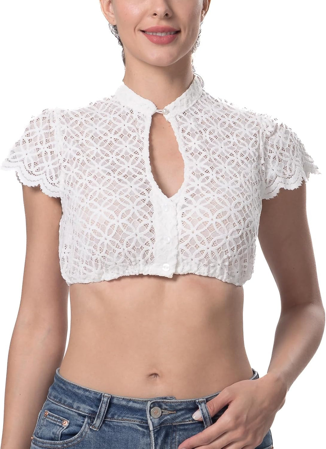 Dirndlparty Dirndlbluse Damen Schlicht, Kurzarm Dirndl Bluse Creme Spitze Trachtenbluse Oktoberfest