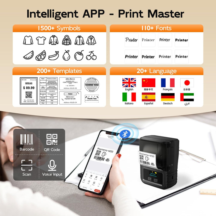 Phomemo M120 Etikettendrucker Bluetooth, Mini Labeldrucker Sticker Drucker Etikettiergerät für Barco