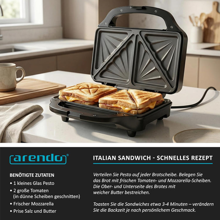 Arendo - Sandwichmaker mit Antihaftbeschichtung – 900 W - automatische Temperaturregelung – Sicherhe