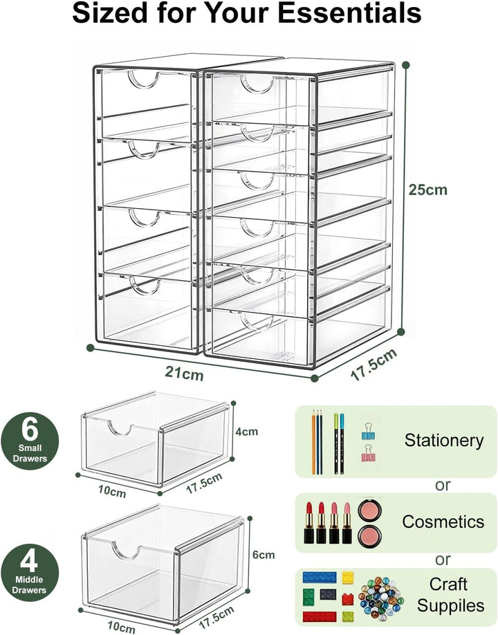 GoMaihe Kosmetik Organizer mit 10-Schubladen: 2PCS Acryl Schubladenbox | Durchsichtig Schminktisch O