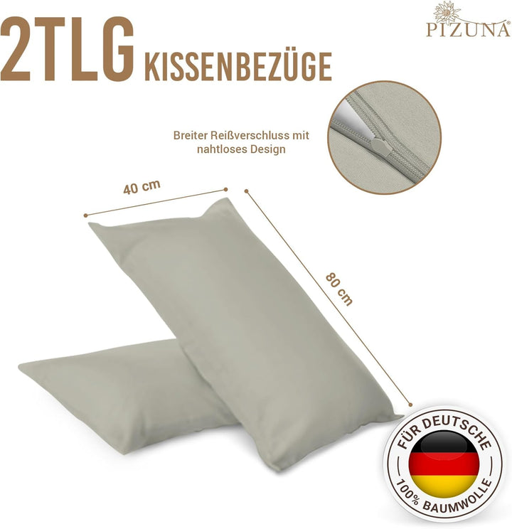 Pizuna Luxuriöser Soft-Satin 2er Pack Kissenbezug 40 x 80 cm Silber, 800 Fadenzahl Baumwolle Quadrat