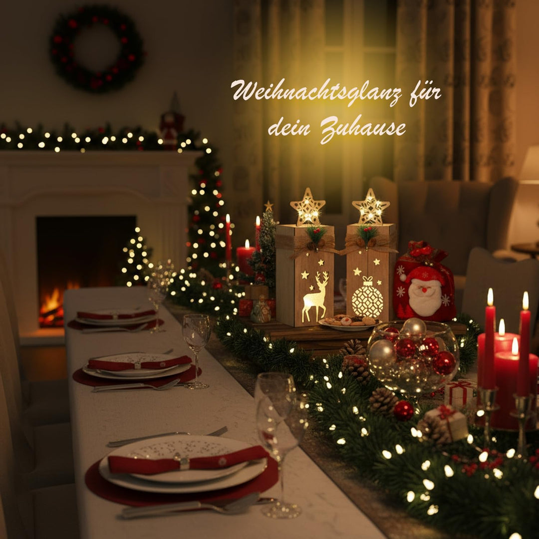 Holz Weihnachtsdeko mit LED Licht I 2er Set beleuchtete Holzdeko Weihnachten mit Elch & Stern I Weih
