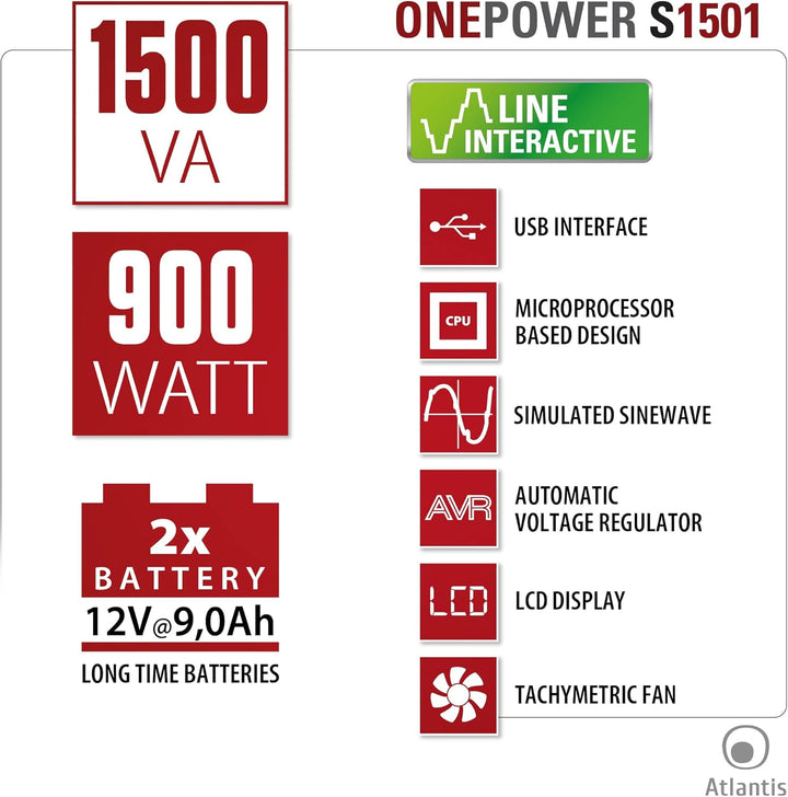 Atlantis-S1501 stepwave Line Interactive USV, 1500 VA, 900 W, Technology, v-Out 200 – 243 Vac, USB,