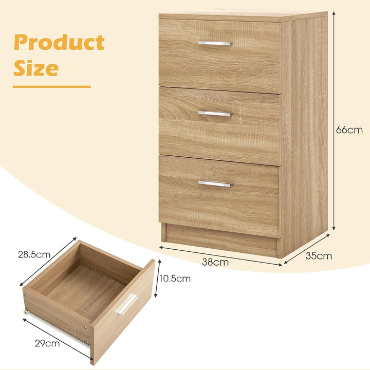 KOMFOTTEU Nachttisch Holz, Nachtschrank mit 3 Schubladen, Nachtkonsole 38 x 35 x 66 cm, Beistelltisc