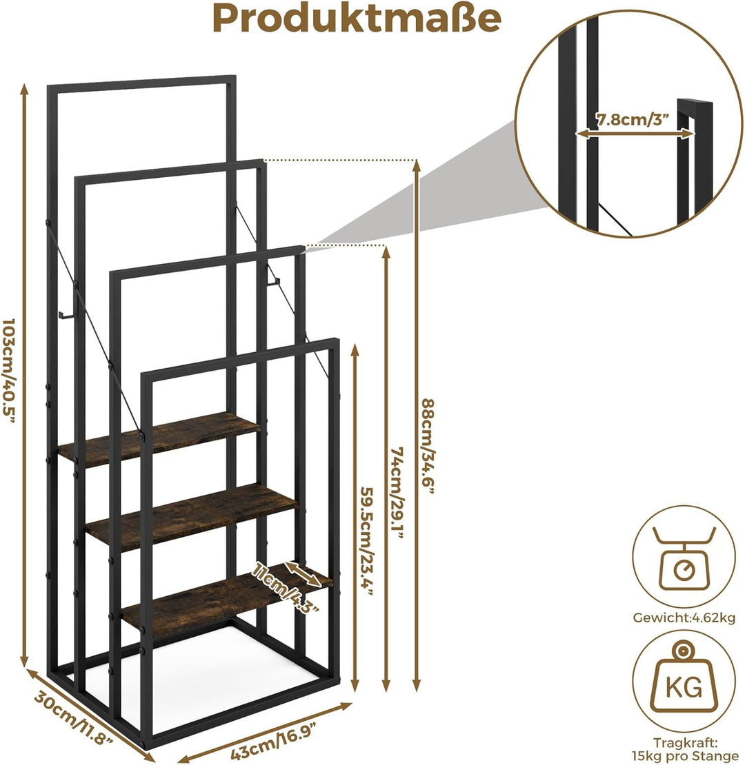 Handtuchständer, Handtuchhalter Stehend mit 4 Handtuchstangen, 3 Ablagen, 2 Haken, Freistehender Bad