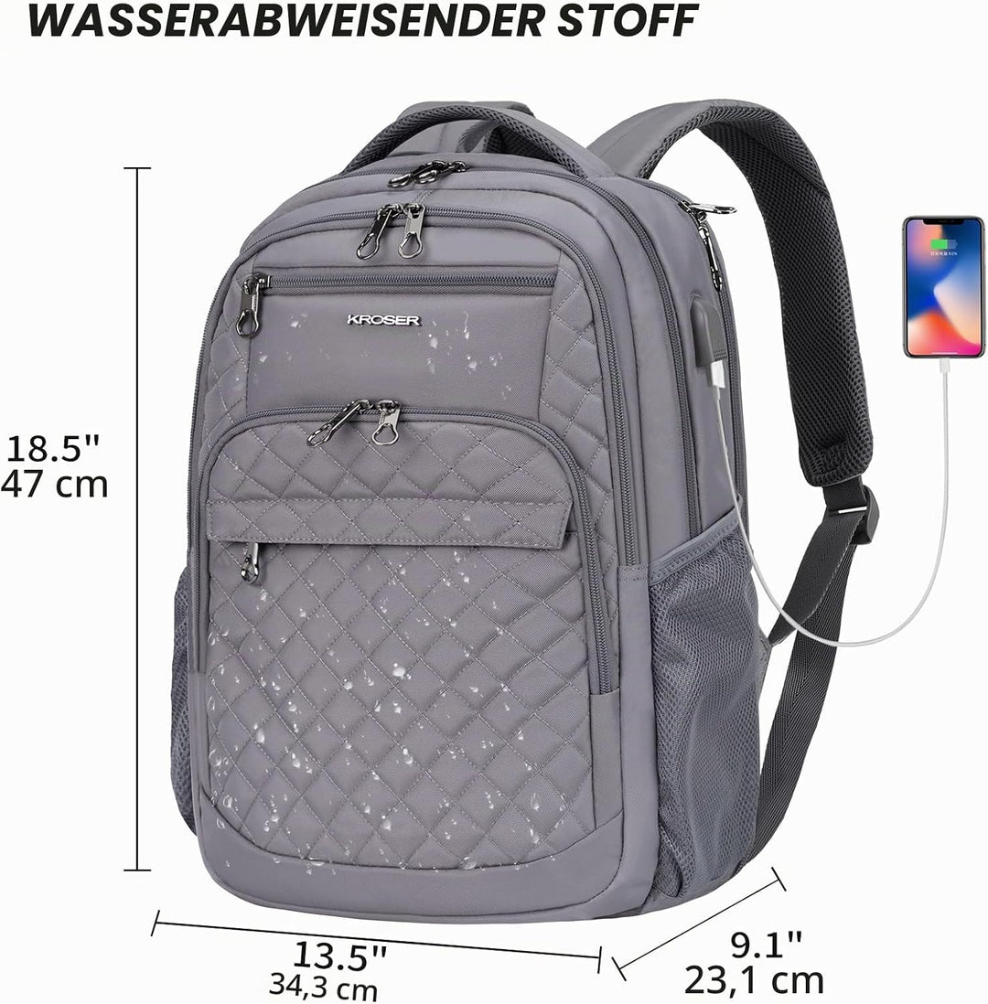 KROSER Laptop Rucksack 17-17,3'' Business Rucksack Schulrucksack 17.3" Gesteppt Grau, 17.3" Gesteppt