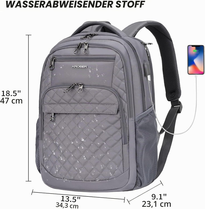KROSER Laptop Rucksack 17-17,3'' Business Rucksack Schulrucksack 17.3" Gesteppt Grau, 17.3" Gesteppt