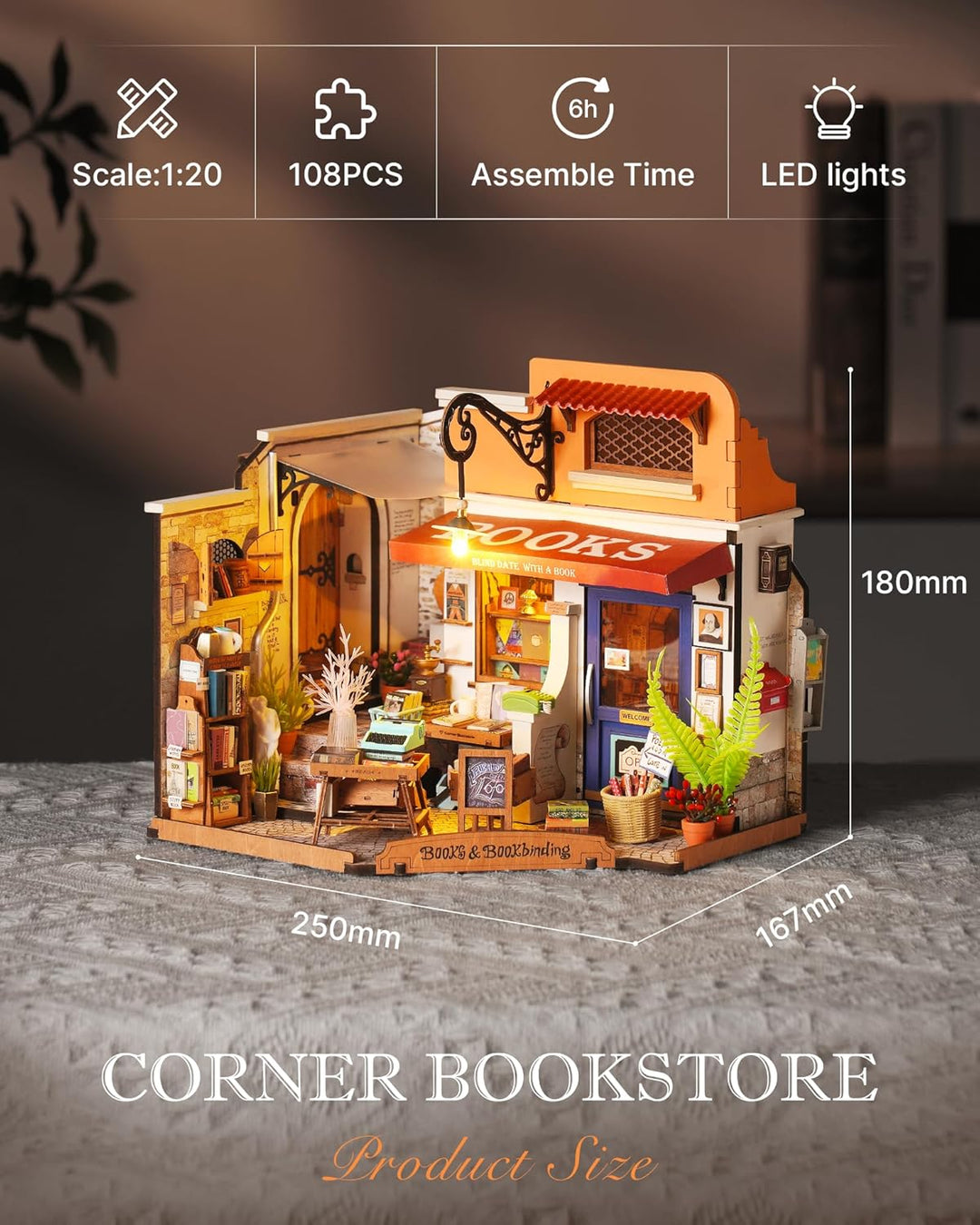 Rolife Puppenhaus Ecke Buchhandlung DIY Miniaturhaus Bausatz Puppenhaus Holzmodellbausatz mit Möbeln