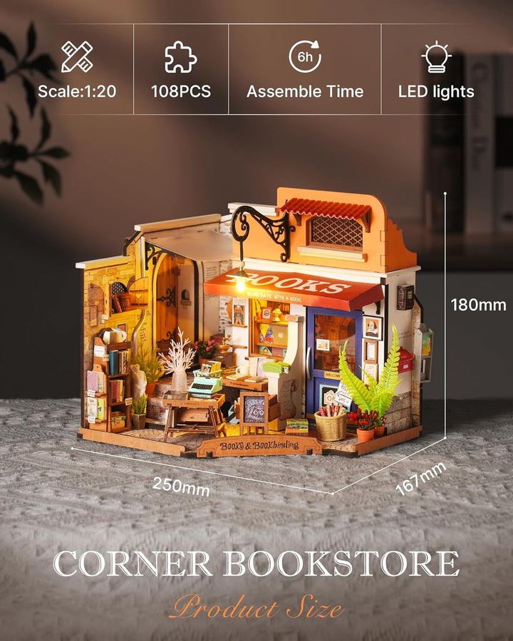 Rolife Puppenhaus Ecke Buchhandlung DIY Miniaturhaus Bausatz Puppenhaus Holzmodellbausatz mit Möbeln