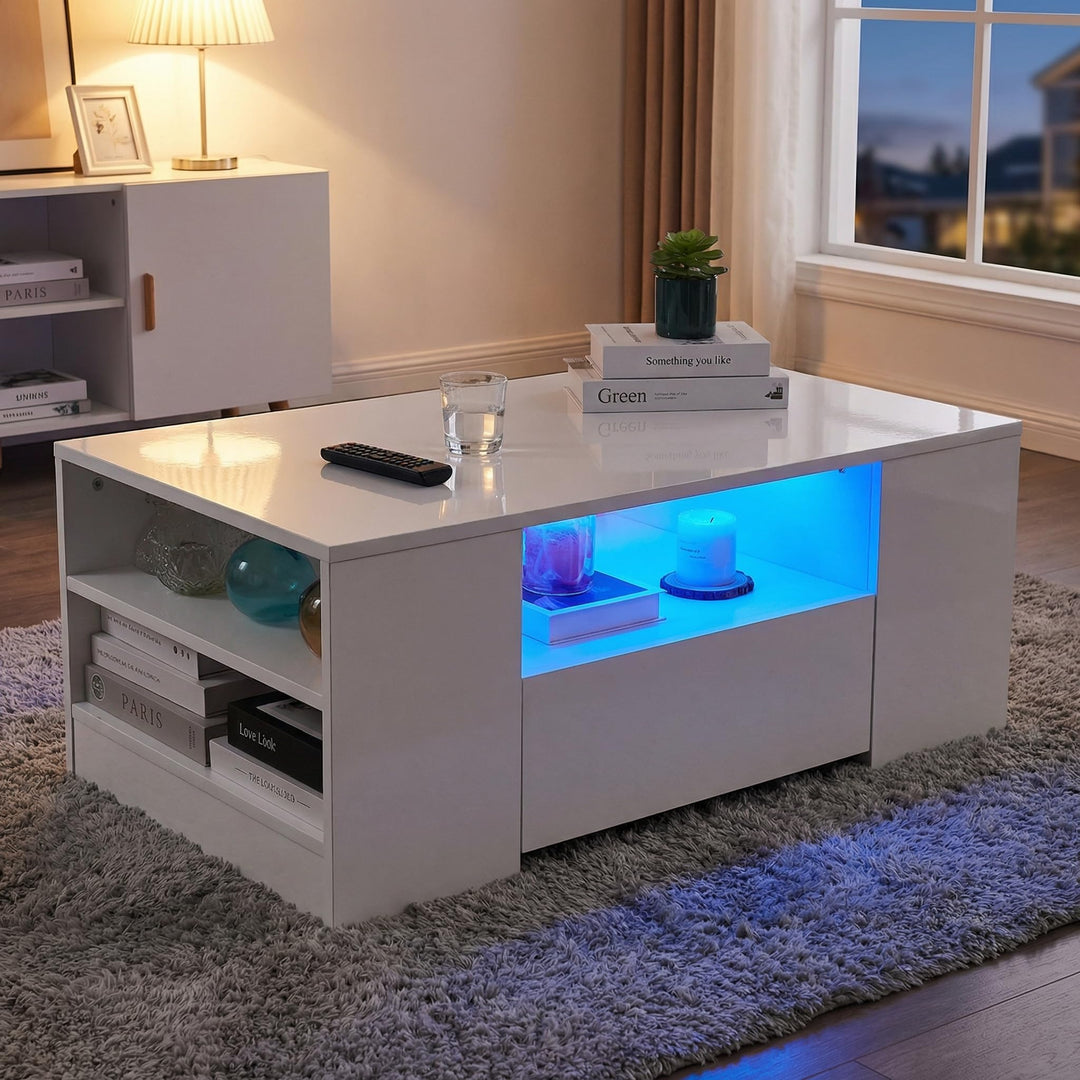 Couchtisch mit LED-Beleuchtung, Modern Sofatisch Wohnzimmertisch mit 2 Schublade, 100x55x37cm Weiss,