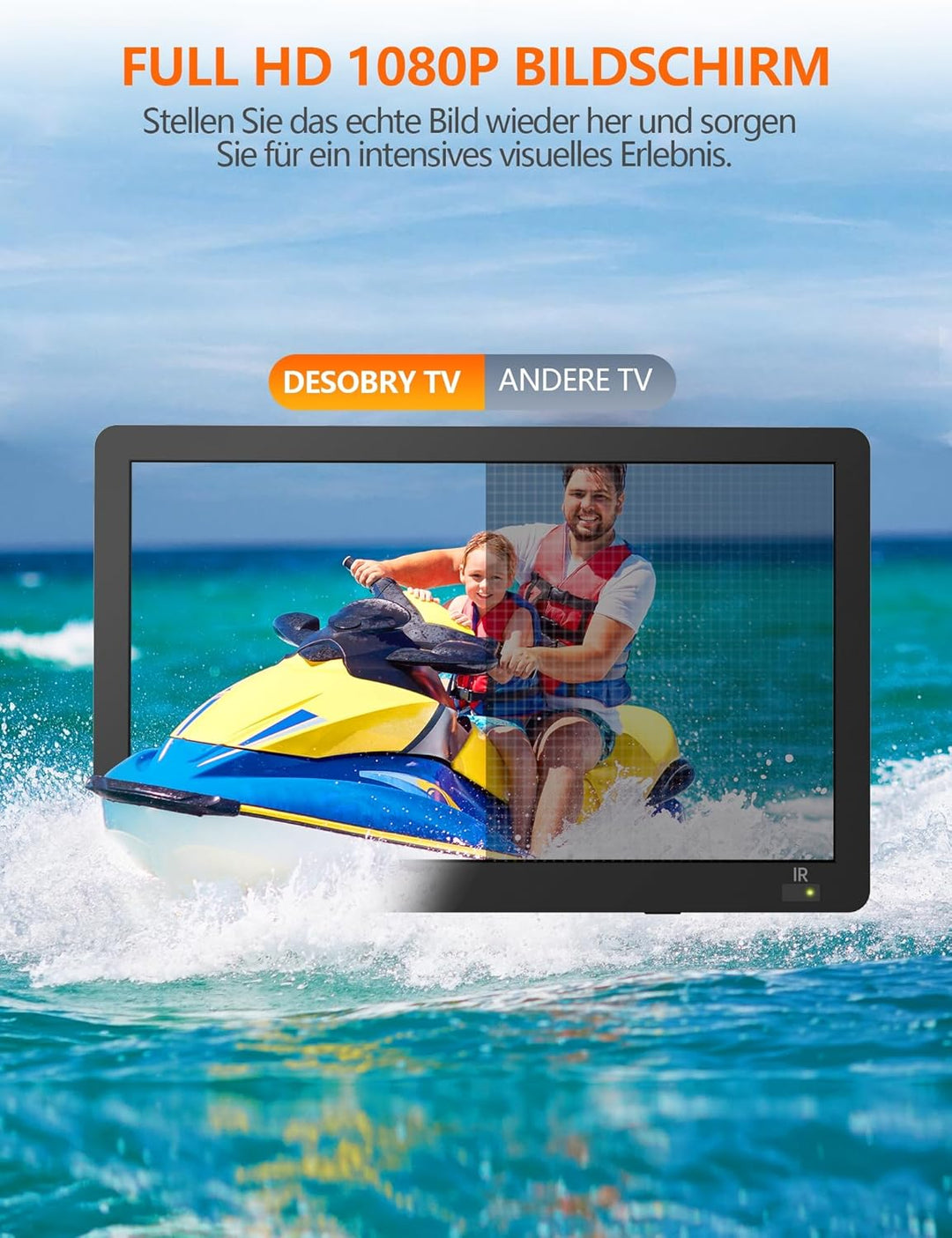DESOBRY 14.2 Zoll Tragbare Fernseher, 1080P wiederaufladbare mit DVB-T2-Tuner, Outdoor-TV-Unterstütz